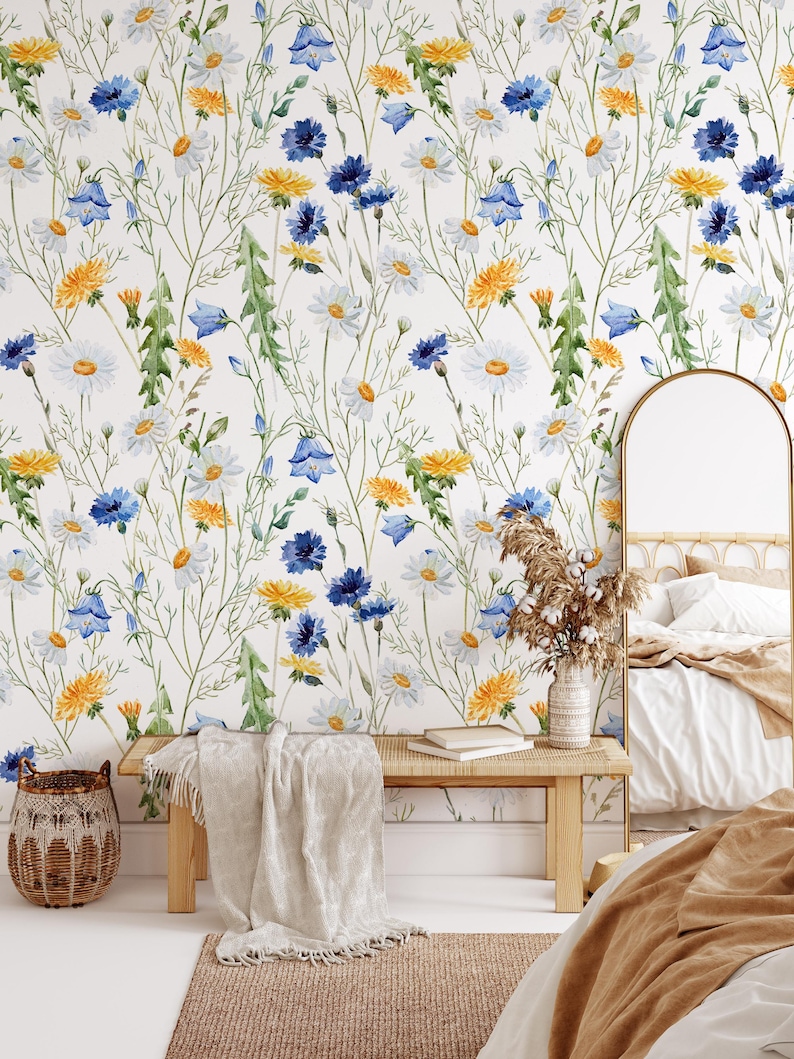 Watercolor Wildflowers Wallpaper Peel and Stick, Botanical Wallpaper ...
