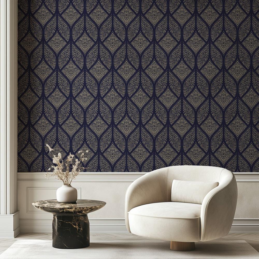 Navy Blue Art Deco Peel and Stick Wallpaper: Geometric Gold Removable ...
