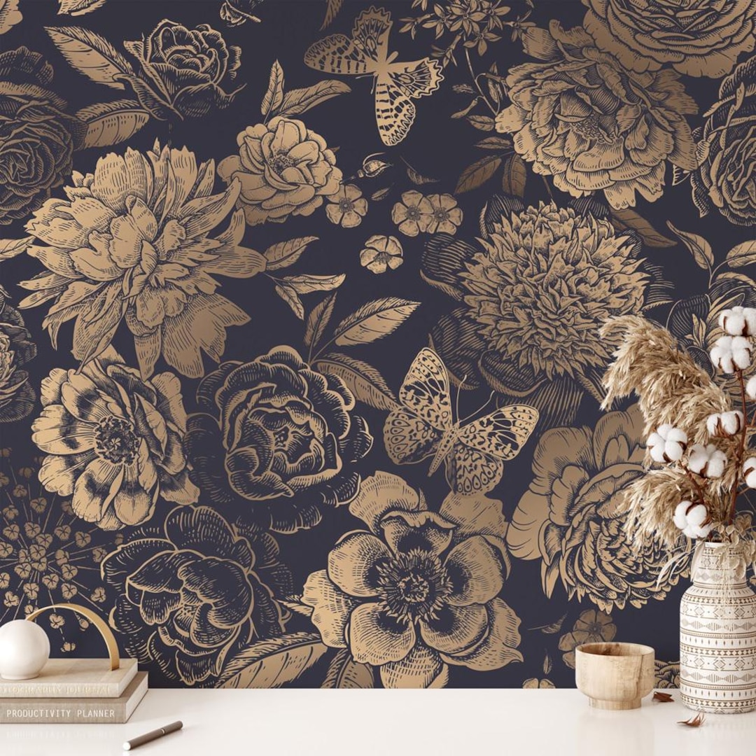 Gold Floral Peel and Stick Wallpaper Dark Botanical Design - Etsy