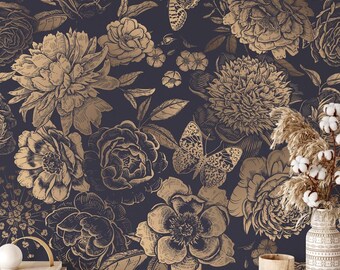 Gold Floral Peel and Stick Wallpaper Dark Botanical Design