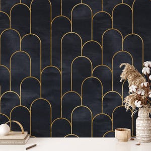 Art Deco Wallpaper Peel and Stick, Abstract Wallpaper, Removable Wallpaper, Black and Gold Wallpaper