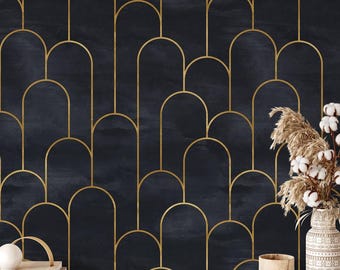 Art Deco Peel and Stick Wallpaper: Black and Gold Abstract Arches