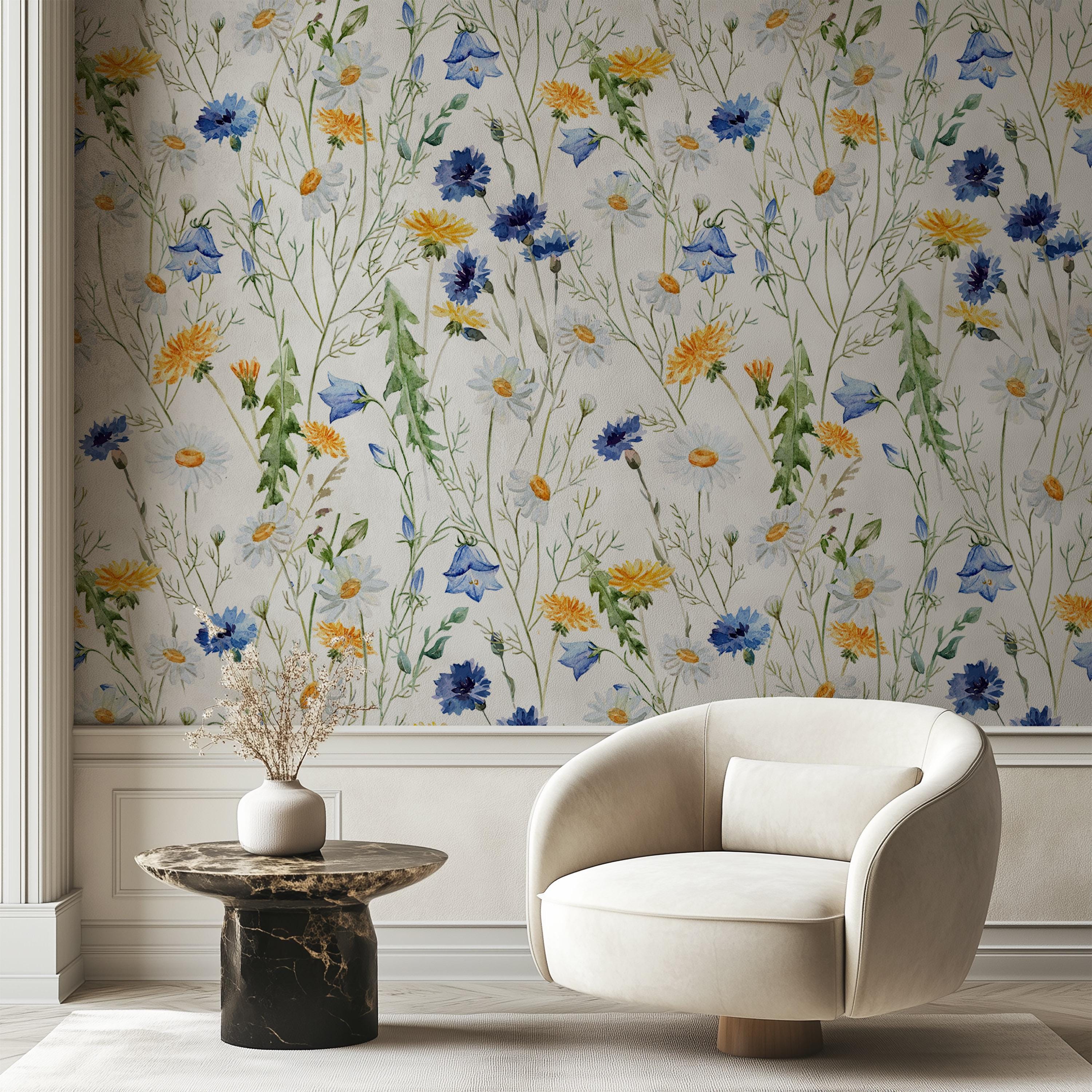 Watercolor Wildflowers Wallpaper Peel and Stick, Botanical Wallpaper ...