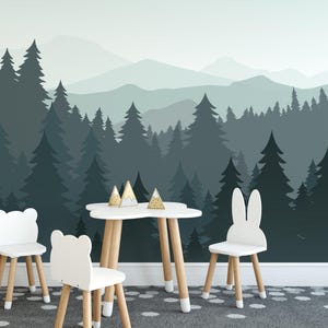 Kids Mountain Peel and Stick Wallpaper, Forest Pine Tree Wallpaper, Nursery Wall Mural, Removable Wallpaper