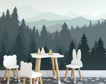 Kids Mountain Pine Tree Wallpaper: Nursery Wall Mural (Peel and Stick)