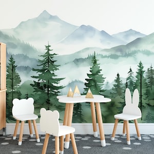 Watercolor Mountains and Pine Trees Peel and Stick Wallpaper, Forest Wall Mural, Nursery Wallpaper, Removable Wallpaper