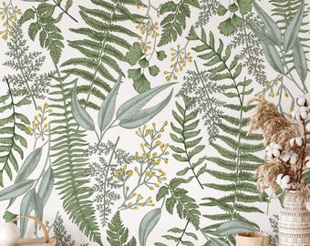 Green Fern Leaves Wallpaper Peel and Stick, Botanical Wall Mural, Greenery Wallpaper, Removable Wallpaper