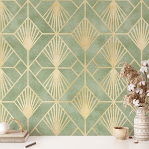 Carta da parati Art Déco verde e oro staccabile e attaccabile, carta da parati rimovibile, carta da parati geometrica