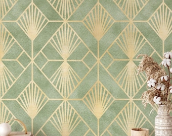 Papel pintado autoadhesivo geométrico Art Déco verde y dorado