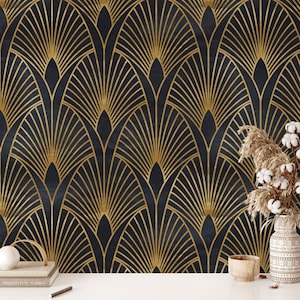 Carta da parati Art Déco nera e oro staccabile e attaccabile, carta da parati rimovibile, carta da parati geometrica