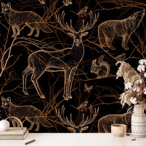 Dark Forest Wallpaper Peel and Stick, Golden Deer Wallpaper, Night Forest Wall Mural, Removable Wallpaper