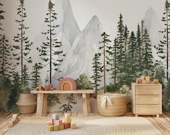 Watercolor Mountain & Trees Wallpaper: Peel and Stick Removable Wall Mural
