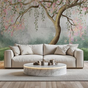 Willow Tree Branches and Pink Florals Wallpaper Peel and Stick, Spring Blossom Wall Mural, Removable Wallpaper