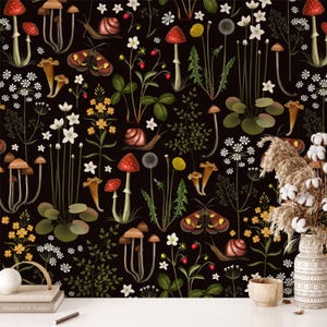 Dark Forest Mushroom Wallpaper Peel and Stick, Dark Botanical Wallpaper, Removable Wallpaper
