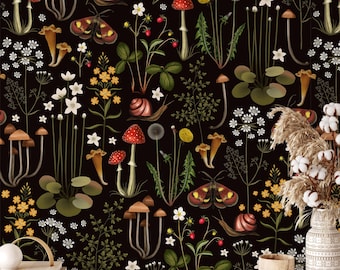 Dark Forest Mushroom Wallpaper: Botanical Peel and Stick Removable Wallpaper