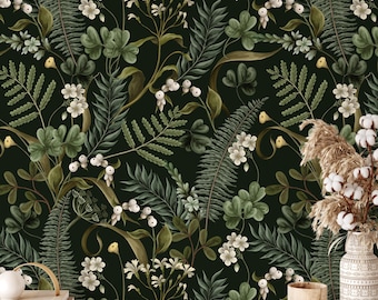Green Fern Leaves Wallpaper Peel and Stick, Dark Fern Botanical Wallpaper, Dark Floral Wall Mural