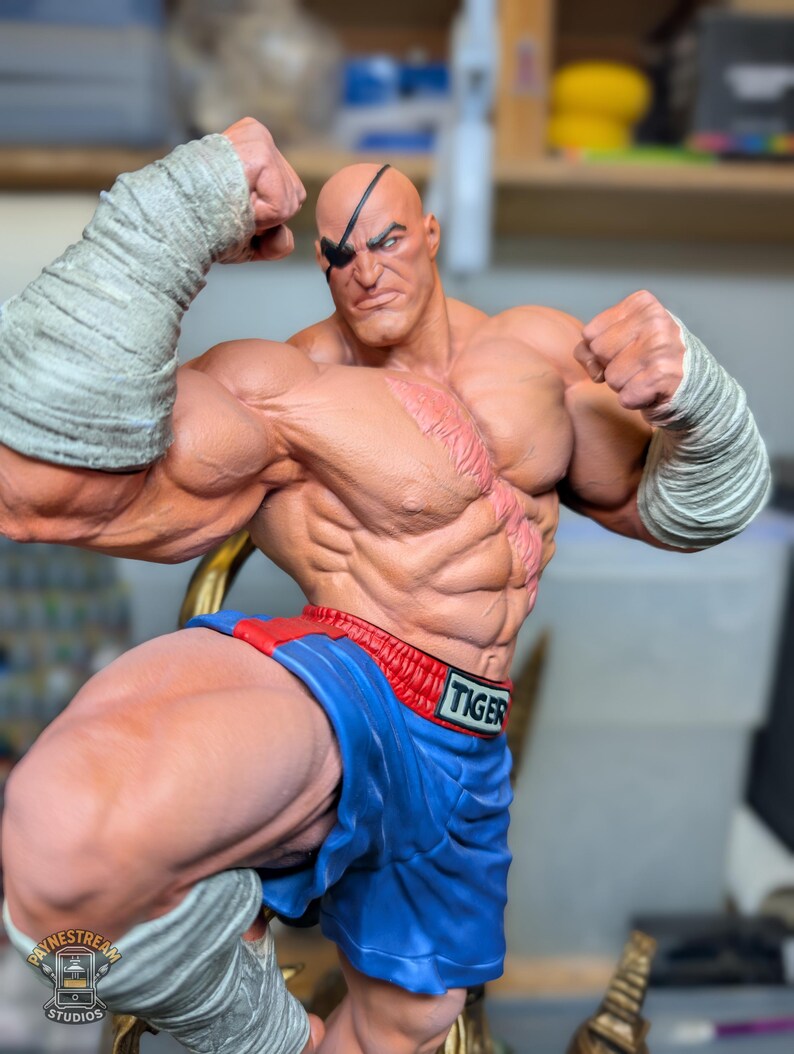 May include: A muscular action figure of a bald fighter with a black eye patch, wearing blue shorts with a red waistband labeled TIGER and white hand wraps on both wrists and one ankle. The figure has a prominent red scar across the chest.