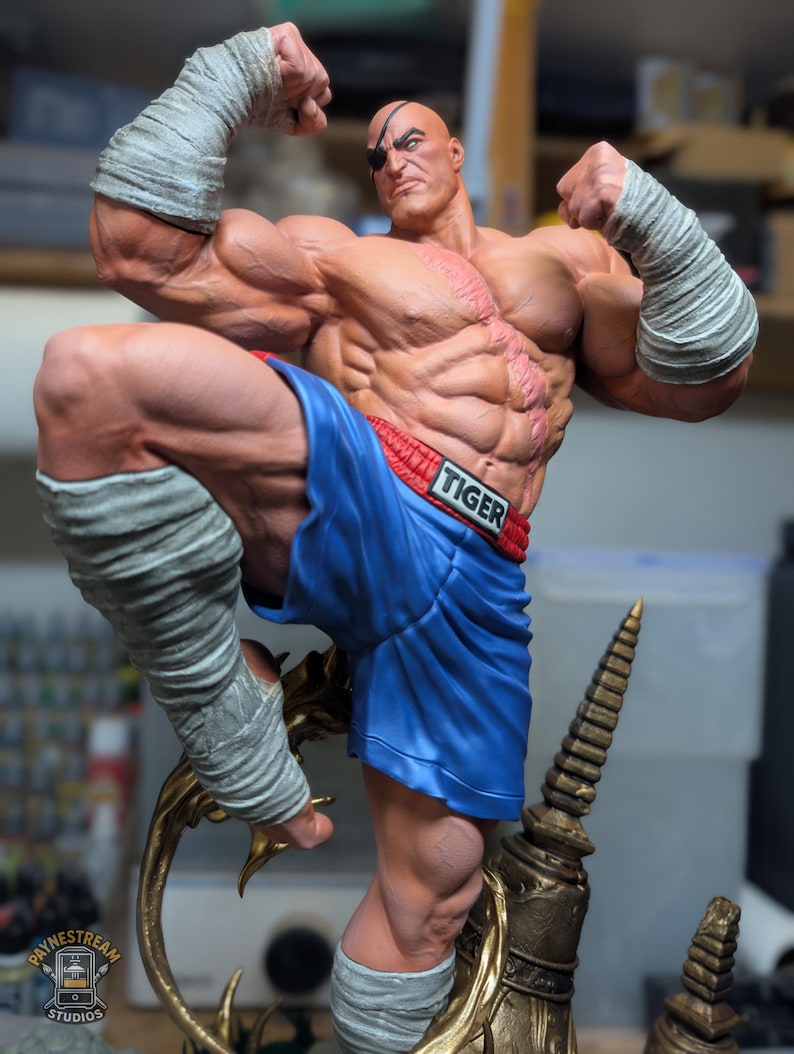May include: A muscular, bald figurine with a black eye patch, wearing blue boxing shorts with a red waistband labeled TIGER. The figure has grey hand and leg wraps, a prominent chest scar, and is posed in a dynamic fighting stance.
