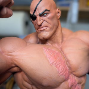 May include: A muscular, bald figurine with tan skin, a black eye patch over the left eye, and a prominent, textured pink scar running diagonally across the chest. The figure has a stern facial expression, defined musculature, and a logo reading PAYNESTREAM STUDIOS in the bottom left corner.