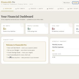 Puede incluir: Captura de pantalla del panel de control financiero de FinanceKit Pro, una suite financiera completa para autónomos. La interfaz muestra el patrimonio neto, el ahorro mensual, la deuda total y el progreso de los objetivos.