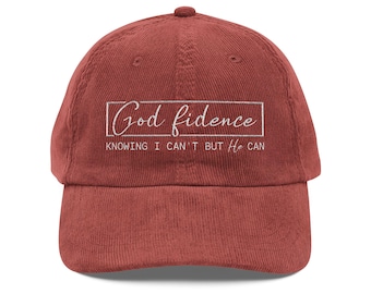 Gorra de pana bordada con mensaje "God-fidence" / Sombrero con texto motivacional