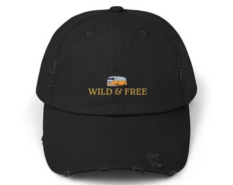 Wild & Free van, Cap | Distressed trucker hat, Adventure camper design