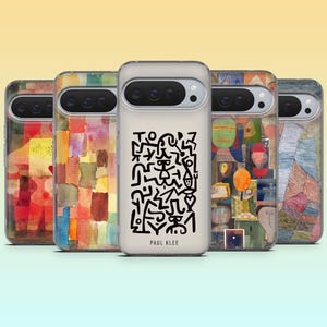 May include: A collection of phone cases featuring colorful abstract art designs. The cases display various artistic styles, including geometric patterns and organic shapes. One case has the text "PAUL KLEE" and a black and white abstract design.