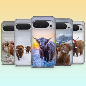 May include: A collection of phone cases featuring images of Highland cows in winter settings. The cases display various scenes, including cows in snowy fields and against a sunset, with a festive touch on one case.