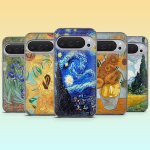 May include: A collection of phone cases featuring famous paintings by Vincent van Gogh. The cases display artwork such as "Starry Night", "Sunflowers", and "Irises". The cases are in various colors, including blue, yellow, and green.
