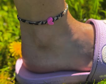 Fußkette Fußkettchen Stoffband Herz Leo pink türkis weiß bunt Sommer Strand
