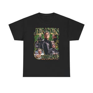 May include: Black t-shirt with a vintage-style graphic featuring a photo of Jensen Huang, the CEO of Nvidia, with the text "Jensen Huang" in gold letters.
