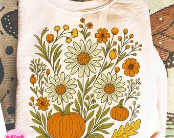 Boho Fall Floral Pumpkin, Autumn Pumpkin Wildflower Leaves, Retro Fall Png, Fall Flower Pumpkin, Fall Leaf Png, Autumn Pumpkin Shirt Design