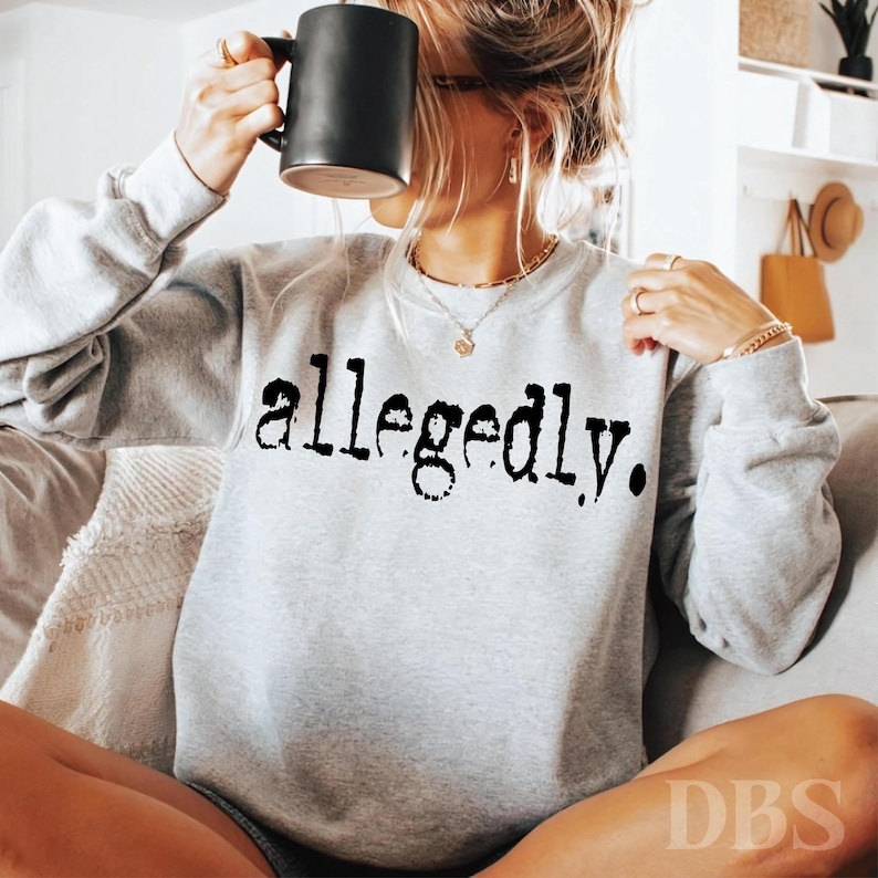 Vintage typewriter 'Allegedly' meme design, digital download for ironic shirts, lawyer gifts and office humor decor in retro style.