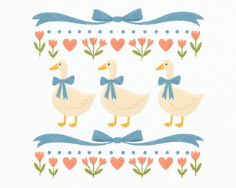 Vintage Blue Ribbon Goose Png Retro Groovy Coquette Goose Sweater Lata 80. Uroczy Cottagecore Brzydki Sweter Sublimacja Clipart