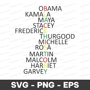 Peut inclure: Fond blanc avec les noms Obama, Kamala, Maya, Stacey, Frederick, Thurgood, Michelle, Rosa, Martin, Malcolm, Harriet et Garvey en texte noir. Les lettres A, C, I et Y sont colorées en rouge, jaune et vert. Le bas indique SVG - PNG - EPS.