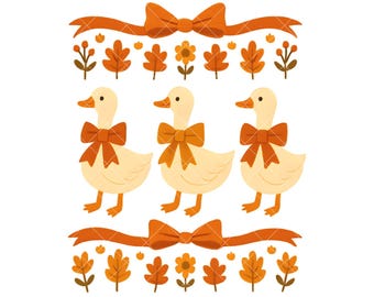 May include: A digital download graphic featuring three cartoon ducks with orange bows, surrounded by fall-themed elements like leaves and flowers. The design includes text that reads "DIGITAL DOWNLOAD" and "PNG 300 DPI".