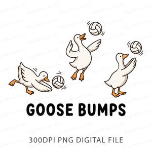 May include: A digital illustration featuring three white geese with orange beaks and feet playing volleyball with white and black balls. The text GOOSE BUMPS is printed in bold black letters below the geese, followed by 300DPI PNG DIGITAL FILE.