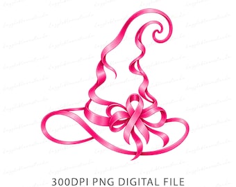 Breast Cancer Awareness Png, Pink Ribbon Witch Hat Png, Pink Out Png, Halloween Cancer Awareness Design, Breast Cancer Shirt Graphic