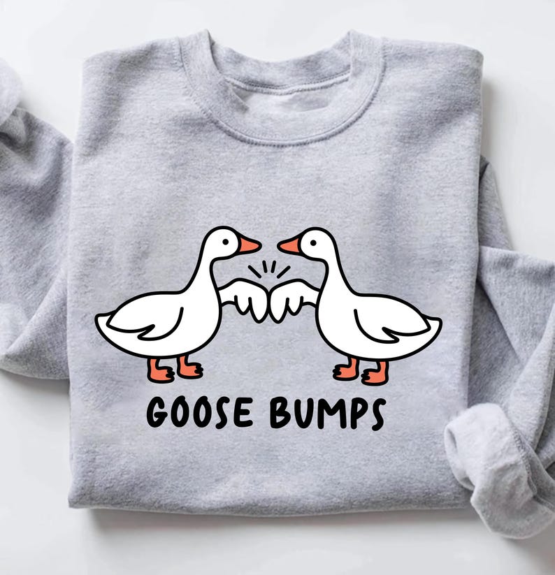 May include: A gray sweatshirt with a graphic of two cartoon geese bumping fists. The text "GOOSE BUMPS" is printed below the geese.