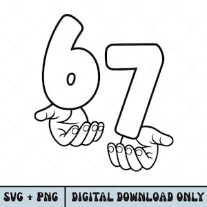 Può includere: Grafica in bianco e nero dei numeri 6 e 7, ciascuno tenuto da un paio di mani. Il numero 6 ha uno zero al centro. Il testo "SVG + PNG" e "DIGITAL DOWNLOAD ONLY" è in basso.