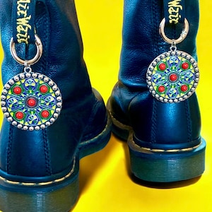 PAIR of BoHo Mandala Boot Charms, Enamel with Red Flat Back Beads - 2 Piece Set!