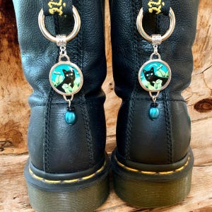 PAIR of BLACK CAT Boot Charms with Turquoise Faux Pearl Dangle Bead Charm - 2 Piece Set!