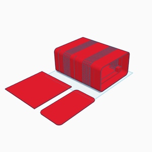 May include: A red box with a striped pattern and two red rectangular pieces. The box has a small opening on the side.