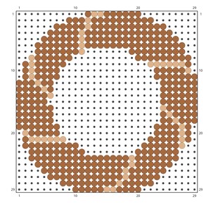 May include: A digital art piece featuring a circular design composed of brown and tan circles on a grid of black dots. The circles form a stylized shape with a lighter tan color outlining parts of the design.