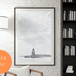Istanbul, kız kulesi, Maiden Tower, - Black and White Digital Wall Art