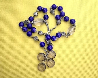 Vintage Laura Ashley Necklace: Silver Resin Pendant, Purple Beads