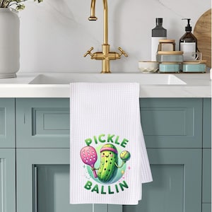 Funny Pickle Playing Pickleball Microfiber Tea Towel - Decorative Kitchen Hand Towel with Cartoon Design