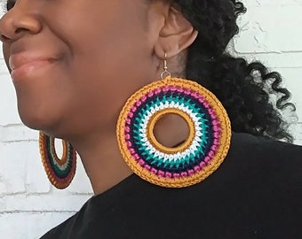 Tribal Crochet Hoop Earrings | Multi-colored Hoops | Crochet Earrings | Large Earrings