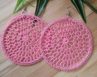 Pastel Pink Crochet Hoop Earrings | Coral | Lace Hoops | Dream Catcher Earrings | Mandala | Thread Hoops | Pink | Crochet Earrings | Easter