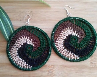 Army Fatigue Swirl Earrings | Camo Hoop Earrings | Camouflage Swirl Crochet Hoops | Thread Hoops | Military Greens | Crochet Earrings